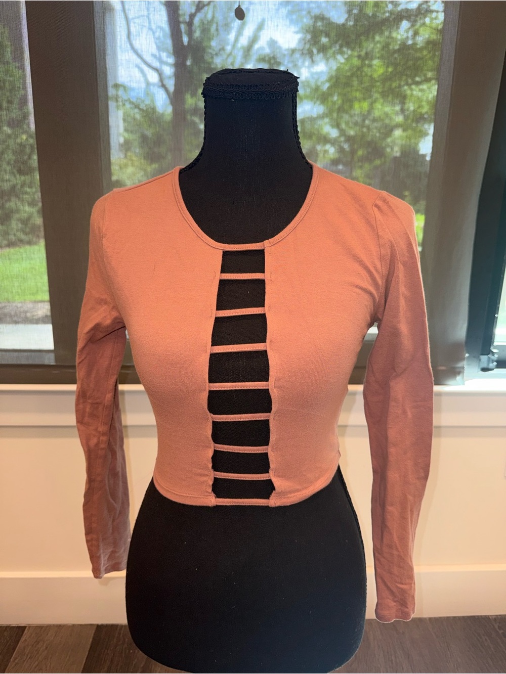 Charlotte Russe Mauve Pink Ladder-Cutout Long Sleeve Crop Top